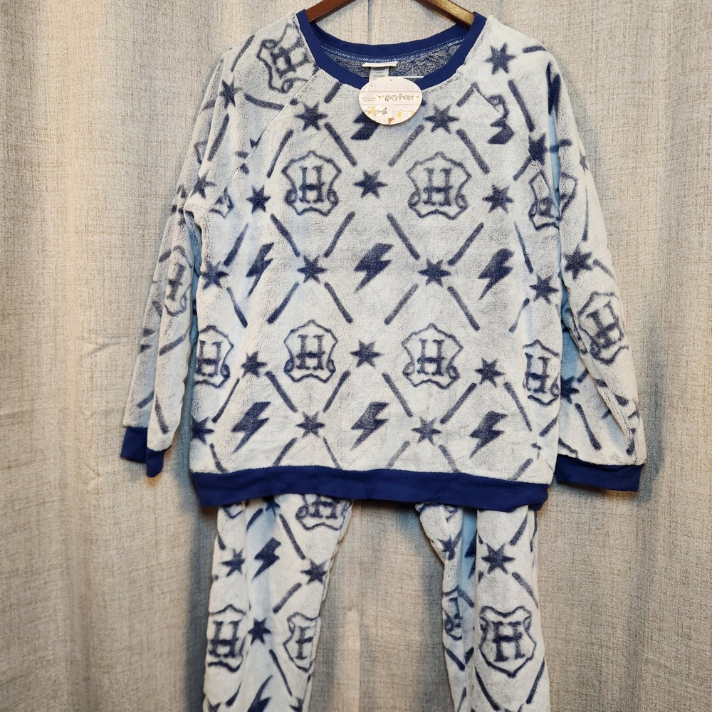 Harry Potter Fleece Pajama Set Women's LG Blue Lounge Sleepwear Hogwarts Fantasy
